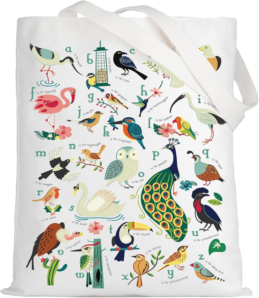 LEVLO Funny Birds Alphabet Canvas Tote Bag Ornithologist Gift Bird Watching Vacation Shoulder Bag