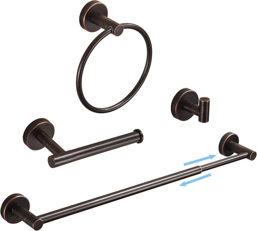 FAIRGIA Bronze Bathroom Accessories, Oil Rubbed Bronze Bathroom Hardware Set Includes Toilet Paper Holder 15 to 24 Inch Towel Bar Hand Towel Ring Robe Hook 4 Pieces Wall Mount