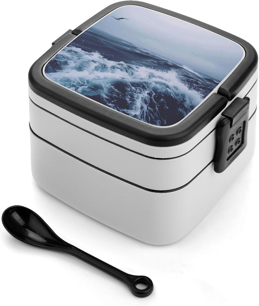 Adult Double-Layer Bento Box Deep Sea Blue Style Portable Lunch Box with Spoon And Invisible Handle Leakproof Microwave-Safe Food Container for Work Travel Camping