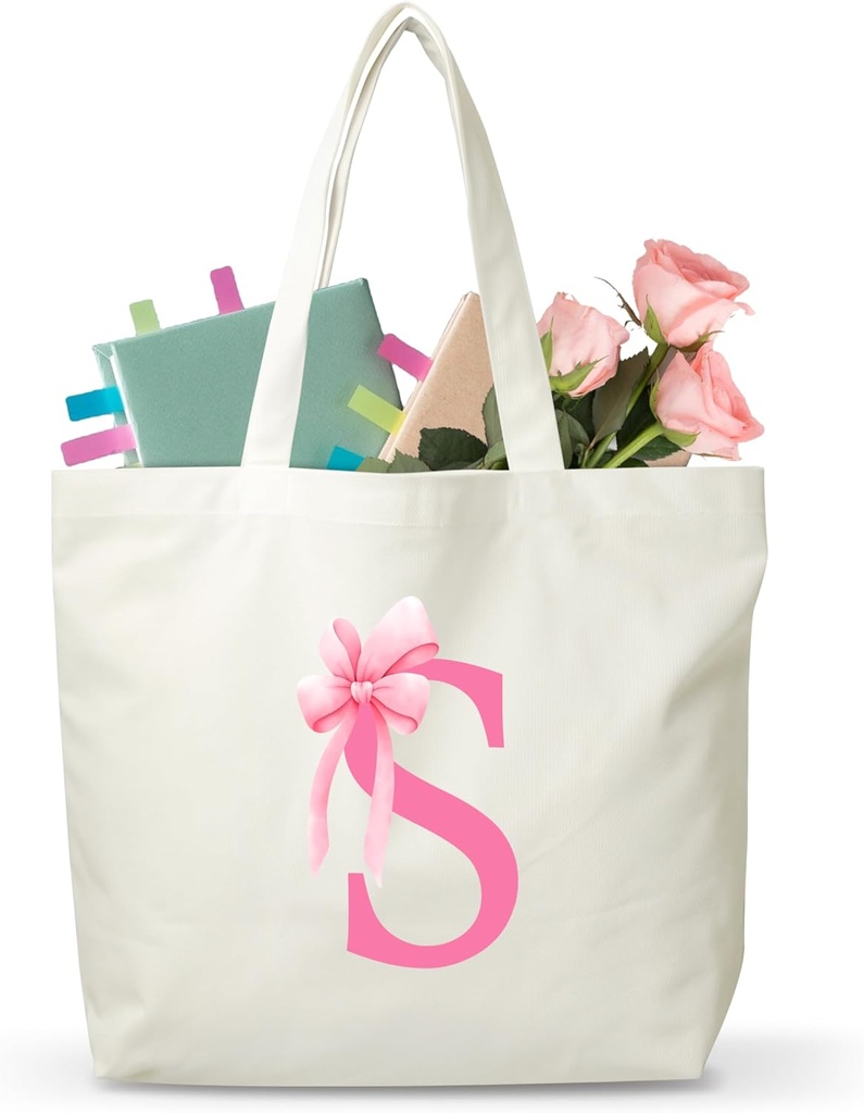 Pink Bow Letter Canvas Tote Bag, Monogram Bag Gifts For Girls Friends Teachers Nurses