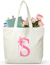 Pink Bow Letter Canvas Tote Bag, Monogram Bag Gifts For Girls Friends Teachers Nurses