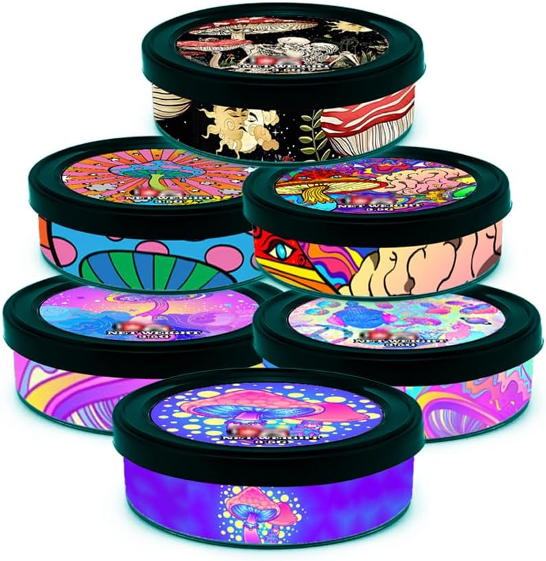Self-Seal Cali Tin Can with Ring Lid and Labels Side Stickers Pressitin Stickers Tin Tuna Can - No Tools Needed - 100ml/3.5g-20 Sets (Mushroom)