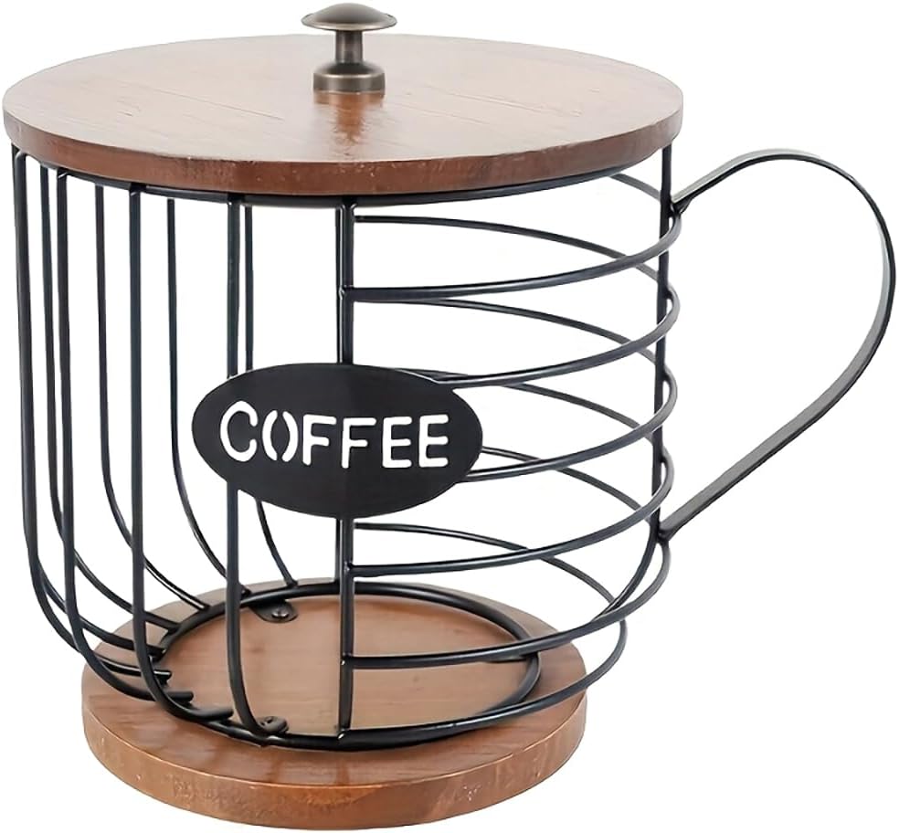Coffee Pod Holder With Wooden Base And Lid, Round Cup Basket, Coffee Pods Storage Rack, Black Iron Capsules Holder for Kitchen Countertop Coffees Station Organizer