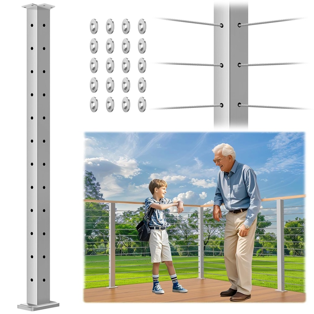 42" Brushed Corner Post for Deck Cable Railing Kit System, Stainless Steel T304 Fixed Top One-Post Corner Solution, Surface Mount Brushed Heavy-Duty Handrail Deck Corner Post with Cable Sleeves