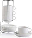 Sweejar Porcelain Espresso Cups with Saucers, 4 Ounce Stackable Cappuccino Cups with Metal Stand for Coffee Drinks, Latte, Tea - Set of 4 (White)