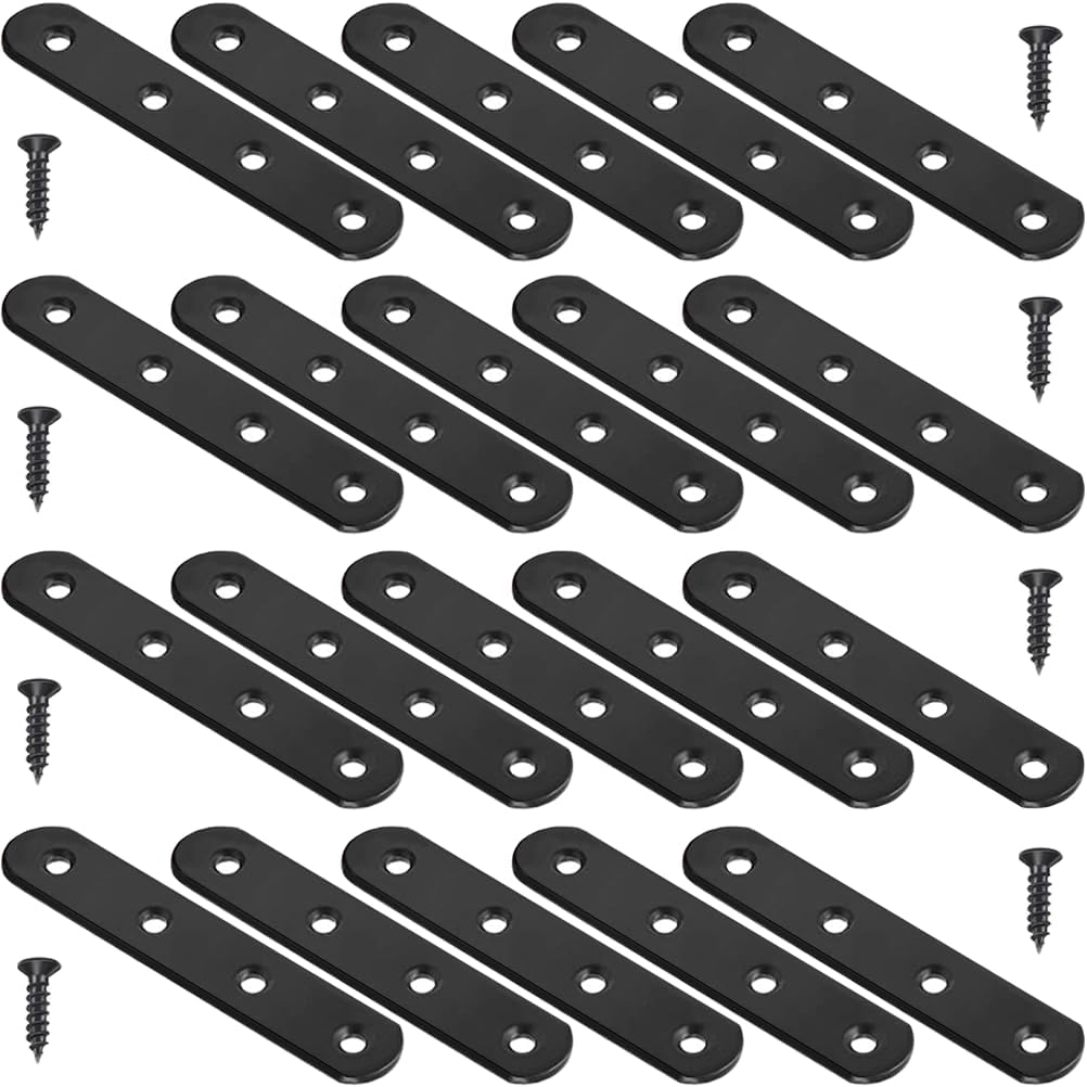 8 Pack Black Straight Brace Brackets 4 Inch Stainless Steel Flat Mending Plates, Heavy Duty Repair Fixing Joining Brackets for Wood Furniture with Screws