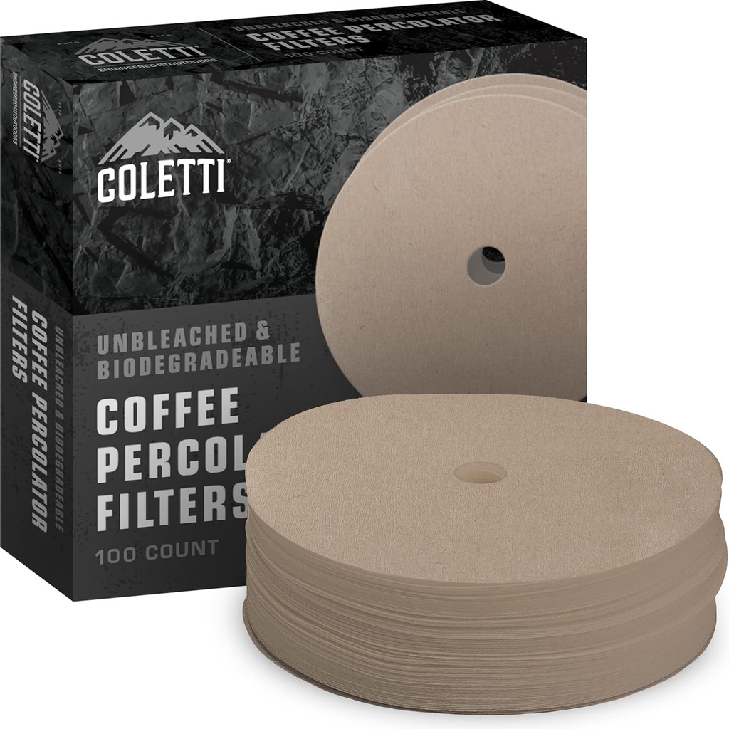 COLETTI Percolator Coffee Filters — Disc Coffee Filters For Percolators – For Bozeman, Butte, & Scoutmaster Camping Coffee Makers – Perfectly Tasteless, Mesh Filter [100 pack, Natural, 3.75”]