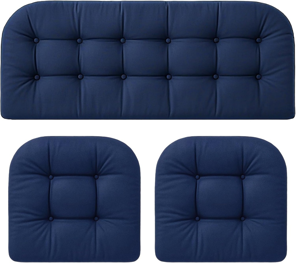 Barydat 3 Pack Wicker Furniture Cushions Waterproof Outdoor/Indoor Tufted Wicker Chair Cushions 1 Loveseat and 2 U-Shape Rattan Chairs for Patio Furniture, Rattan Love Seat, Bench(Navy Blue)