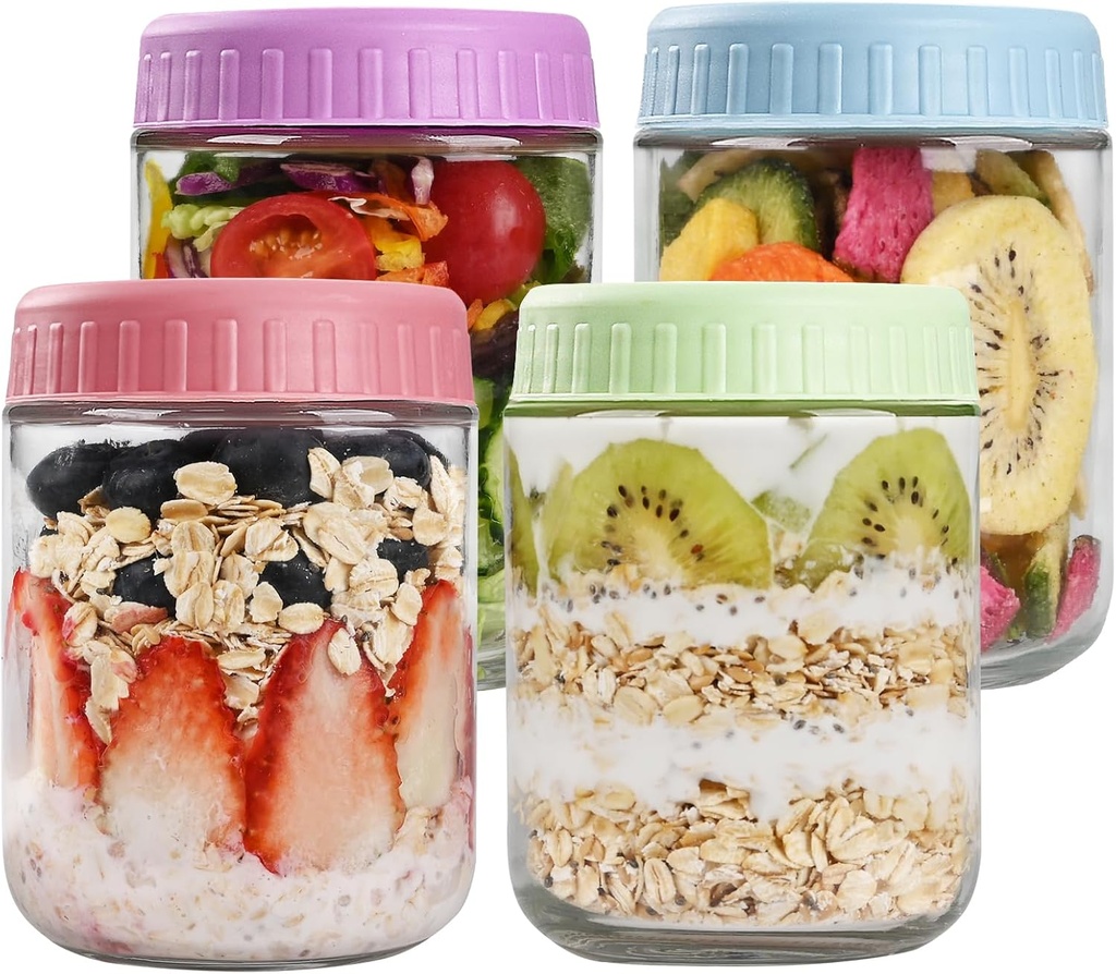 Overnight Oats Containers with Lids, 16oz Glass Jars with Lids 4 pcs, Candy, Wide Mouth Mason jars for Salad, Yogurt, Snacks, Meal Prep