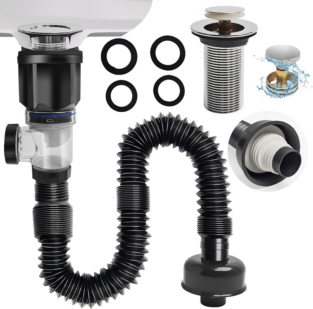 [BRSRAYYOPMBB62DD] Bathroom Sink Drain kit Black,That can be Used with or Without Overflow,Bathroom Sink Drain with Strainer Basket Hair Catcher and pop-up Stopper， for 1-1/4'' & 1-1/2'' RuQiankun