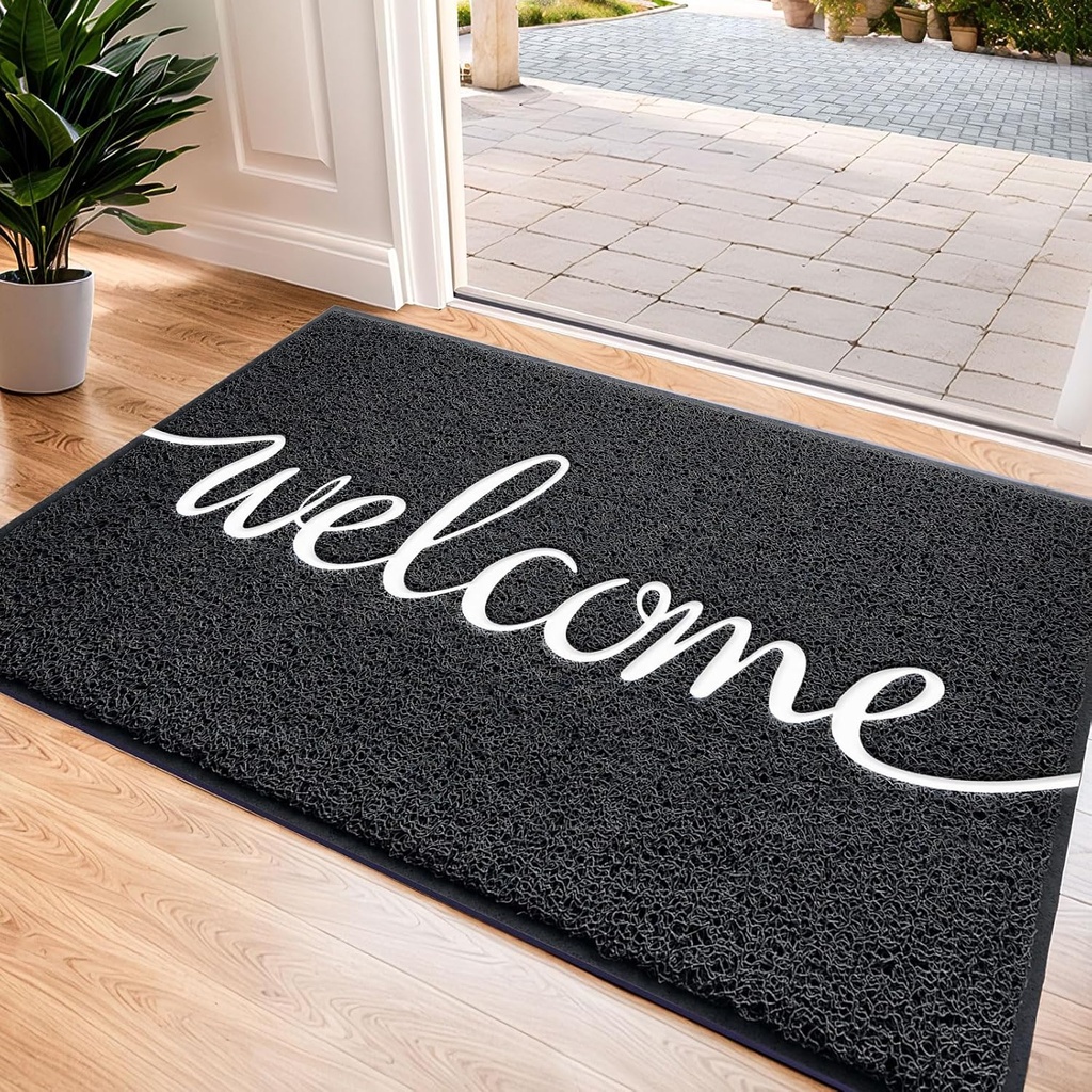 Black Door Mat Welcome Mats Outdoor Indoor Non-Slip Doormat for Entryway Low-Profile Floor Mat for Yard, Garage, High Traffic Areas (30"x17.5", Black)
