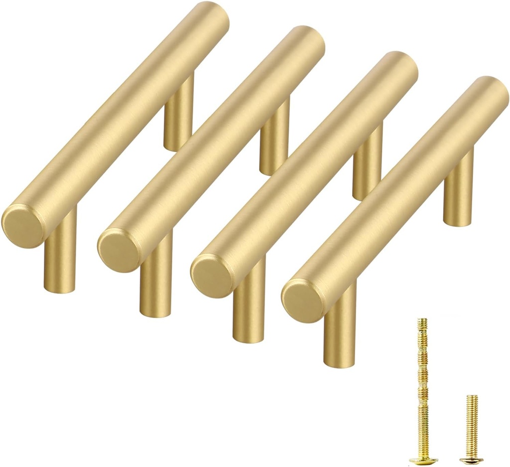 Cabinet Pull Handle 4-Pack Solid Brass Kitchen Gold Cabinet Handles Total Length 15.12-Inchof Cabinet Modern Hardware for Cupboard Bedroom Drawer Bathroom Furniture Door,Brushed Brass Finish.