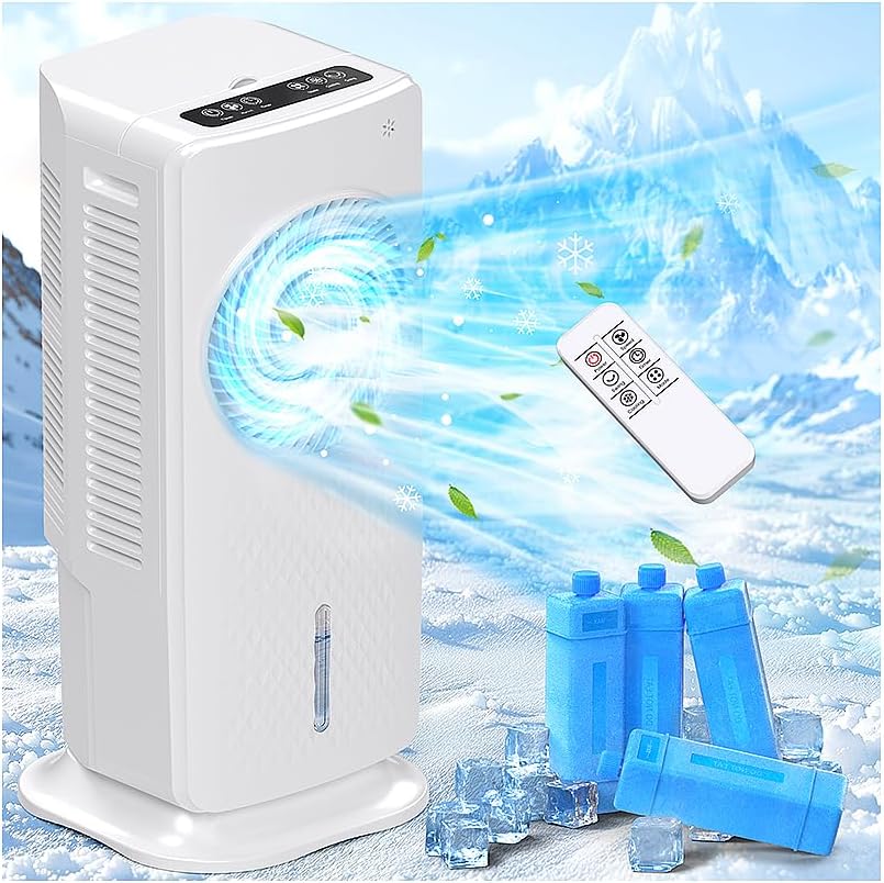 Portable Evaporative Air Cooler, 3-IN-1 Windowless & Ventless Portable Air Conditioners, 3 Speeds 3 Modes, Evaporative Fan Cooler with Remote, 4 Ice Packs, 12H Timer, 1.5 Gal Water Tank