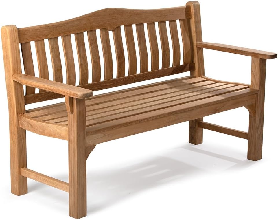 Ash & Ember Hawthorne Grade A Teak 61" Bench, Seats 2-3 People Comfortably, Weather Resistant Indoor Outdoor Solid Wood Patio Furniture with Tightly Spaced Slats, Bowed Back, Armrests
