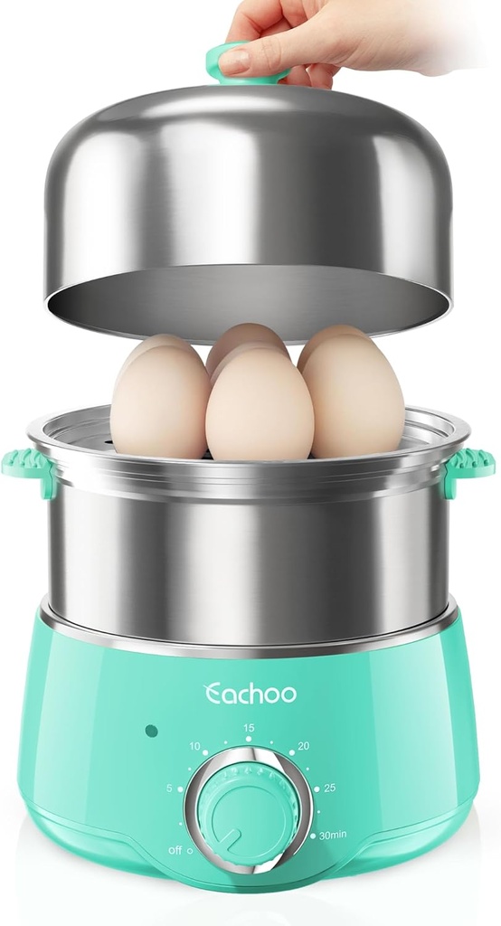 Hard Boiled Egg Cooker - CACHOO 14-Egg Rapid Stainless Steel Egg Boiler with 30-Min Timer & Auto Shut Off, Compact Electric Vegetable Steamer for Cooking, Dishwasher Safe, Aqua