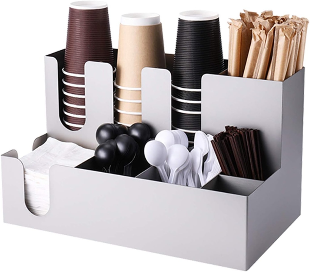 9 Compartment Stainless Steel Coffee Condiment Organizer, Coffee Accessories Caddy Rack Include Disposable Cups Holder and Coffee Pod, Snacks, Sugars Storage Rack, for Breakroom and Kitchen,A (