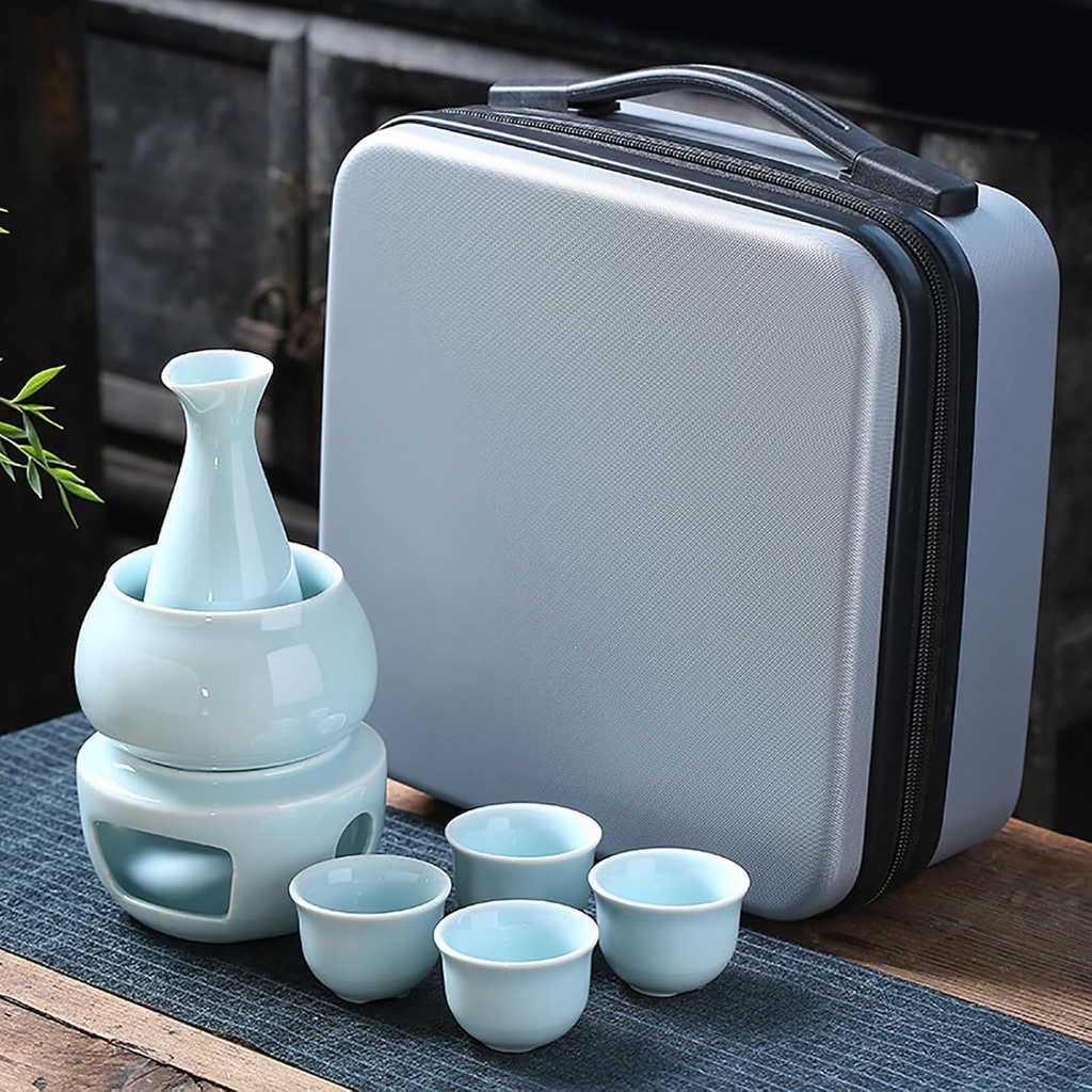 Sake Set and Cups with Warmer, Traditional Porcelain Ceramic Hot Saki Drink Set Kit, 7 Pieces Include 1 Stove 1 Bowl 1 Sake Warming 4 Cup(Onecolor)