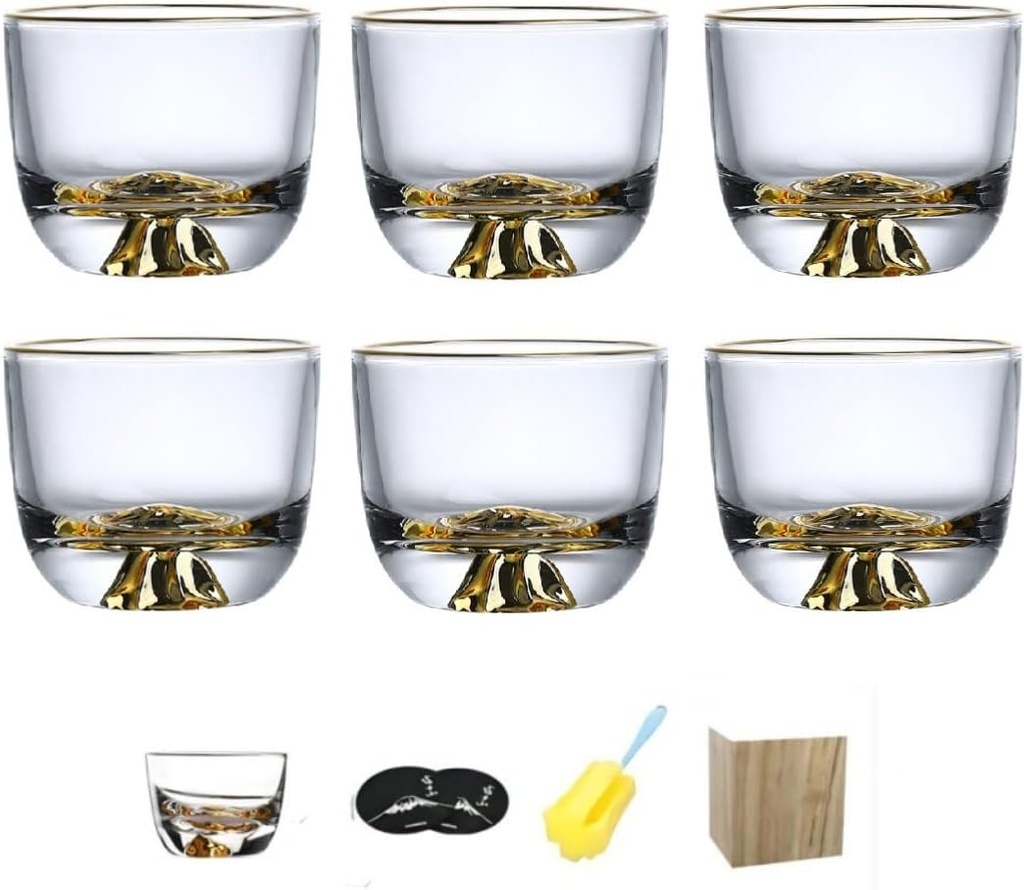 Kanayama Gui Cup, Set of 6, Handmade Blown Glass, Japanese Sake, Cold Sake Glass, 3.4 fl oz (100 ml), Sake Cup, Luxury Product, Crystal Glass, Gift, Paulownia Box Included (Gold)
