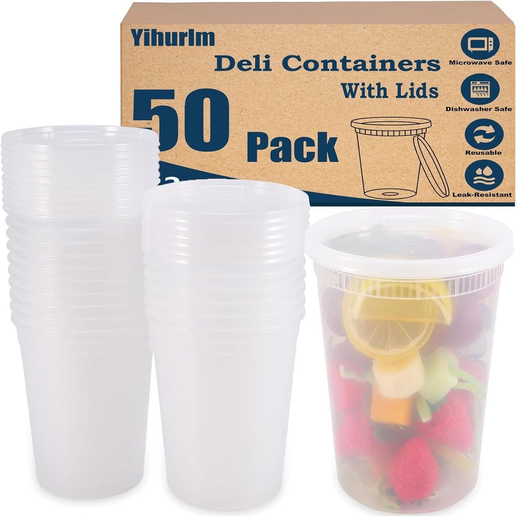50 Pack Deli Containers with Lids,32oz Plastic Deli Food Storage Containers,Heavy-Duty Clear Takeout Container with Leakproof,BPA Free,Stackable Storage,Microwave Dishwasher Freezer Safe