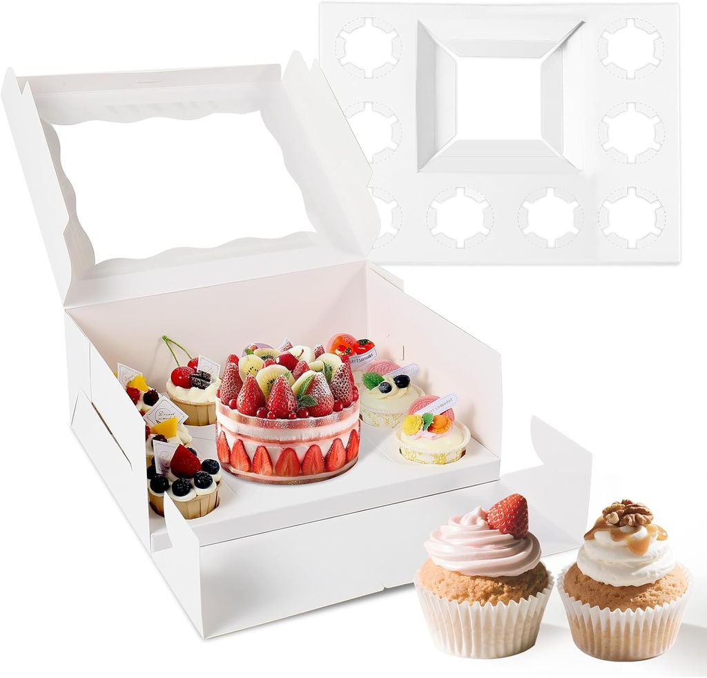 10 pack Cake and 8 Cupcakes Bento Box transparent and clear Dessert Storage Container with Lid Portable Box for Cakes Cupcakes, Great for Birthdays Parties (White, 1+8(10Pack))