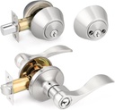 Gobrico Keyd Alike Entry Door Handles and Double Cylinder Deadbolt Locksets in Brushed Nickel Wave Style Door Levers with Lock and Deadbolt for Exterior/Front Doors 5 Pack