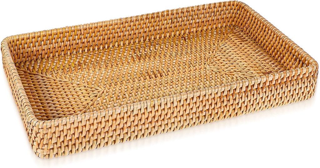 Wicker Storage Basket Rattan Tray Rectangular Wicker Basket Decorative Serving Tray Fruit Baskets Food Serving Holders Woven Baskets for Storage Home Kitchen Restaurant Decor (14.6 x 9 x 2 inches)