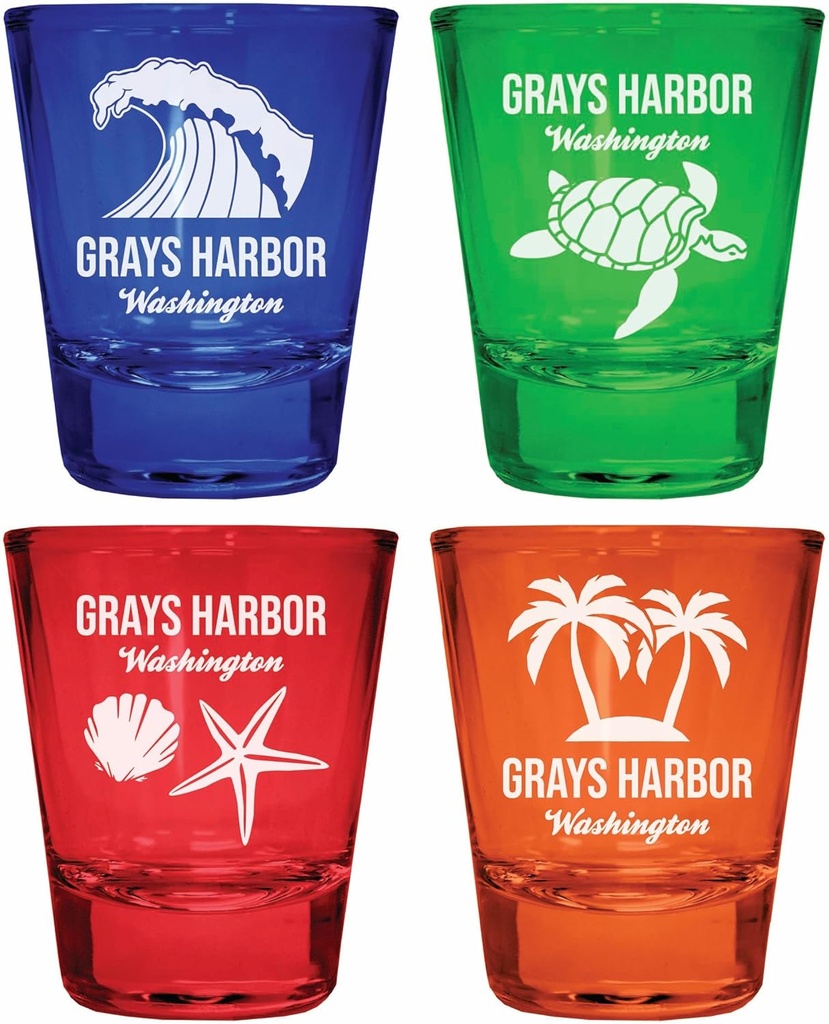 R and R Imports Grays Harbor Washington Souvenir 4-Pack Multicolor Engraved Round Shot Glasses Beach Set