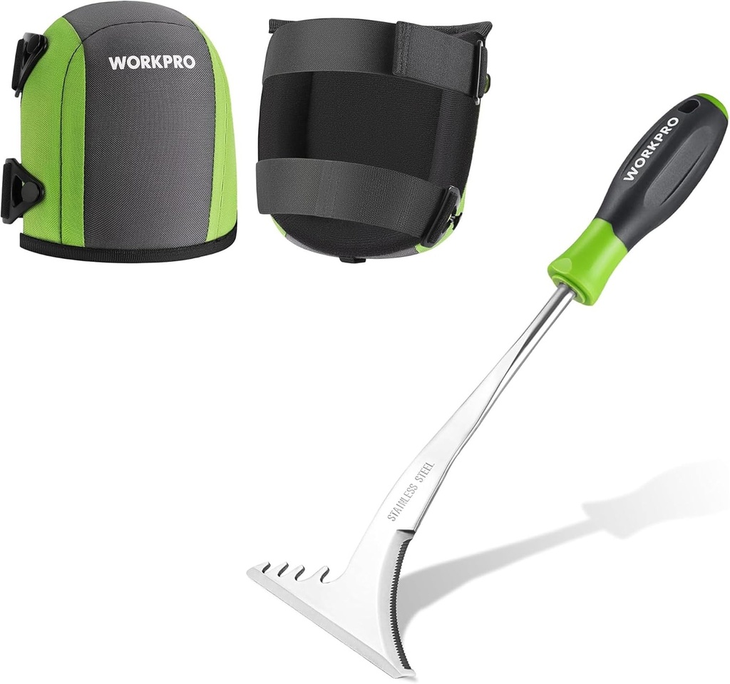 WORKPRO Garden Knee Pads for Unisex-Adult and 12.5" Stainless Steel Crevice Weeding Tool with Soft Handle, L-Shaped Side-Walk Weed Removal Scraper