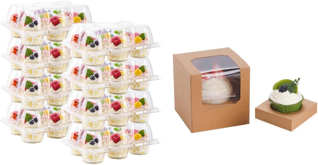 6 Count Cupcake Containers 30 Pack Cupcake Holders and 25 Pcs Brown Individual Cupcake Boxes