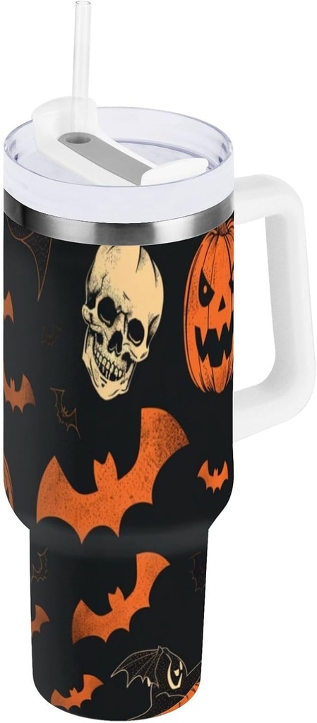 40 oz Tumbler With Handle and Straw Lid, Stainless Steel Vacuum Insulated Tumbler for Water, Iced Tea or Coffee, Easy to Clean (Halloween Pumpkin Skull)