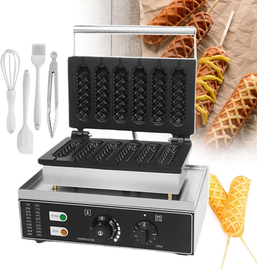 Commercial Muffin Hot Dog Machine, Corn Dog Waffle Maker Machine, Stainless Steel Material, 50-300℃ Temperature Control, 0-5 Min Timer, for Restaurants, Cafes
