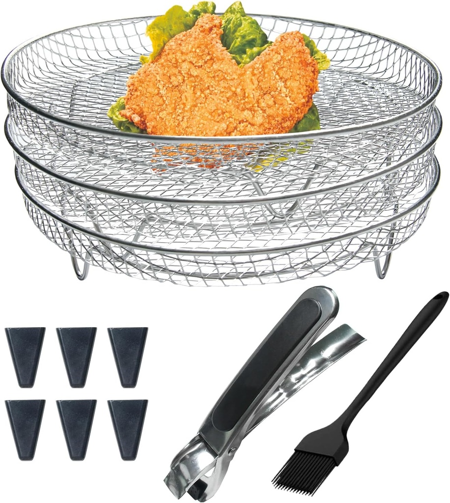 Air Fryer Racks Stainless Steel 11Pcs Air Fryer Universal Accessories, 3 Layer Stackable Dehydrator Racks With Oil Brush and Clamp, Air Fryer Basket Tray Fit Air Fryer, Oven, Pressure Cooker