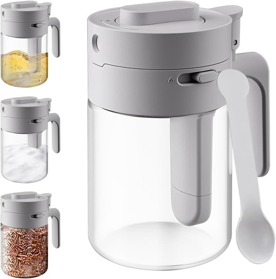 Multifunctional Seasoning Box, 2 in 1 Spice Jar Set with Lid and Spoon, Airtight Glass Seasoning Containers for Coffee Tea Sugar Salt Glass Container, Ideal for Kitchen Storage & Organization