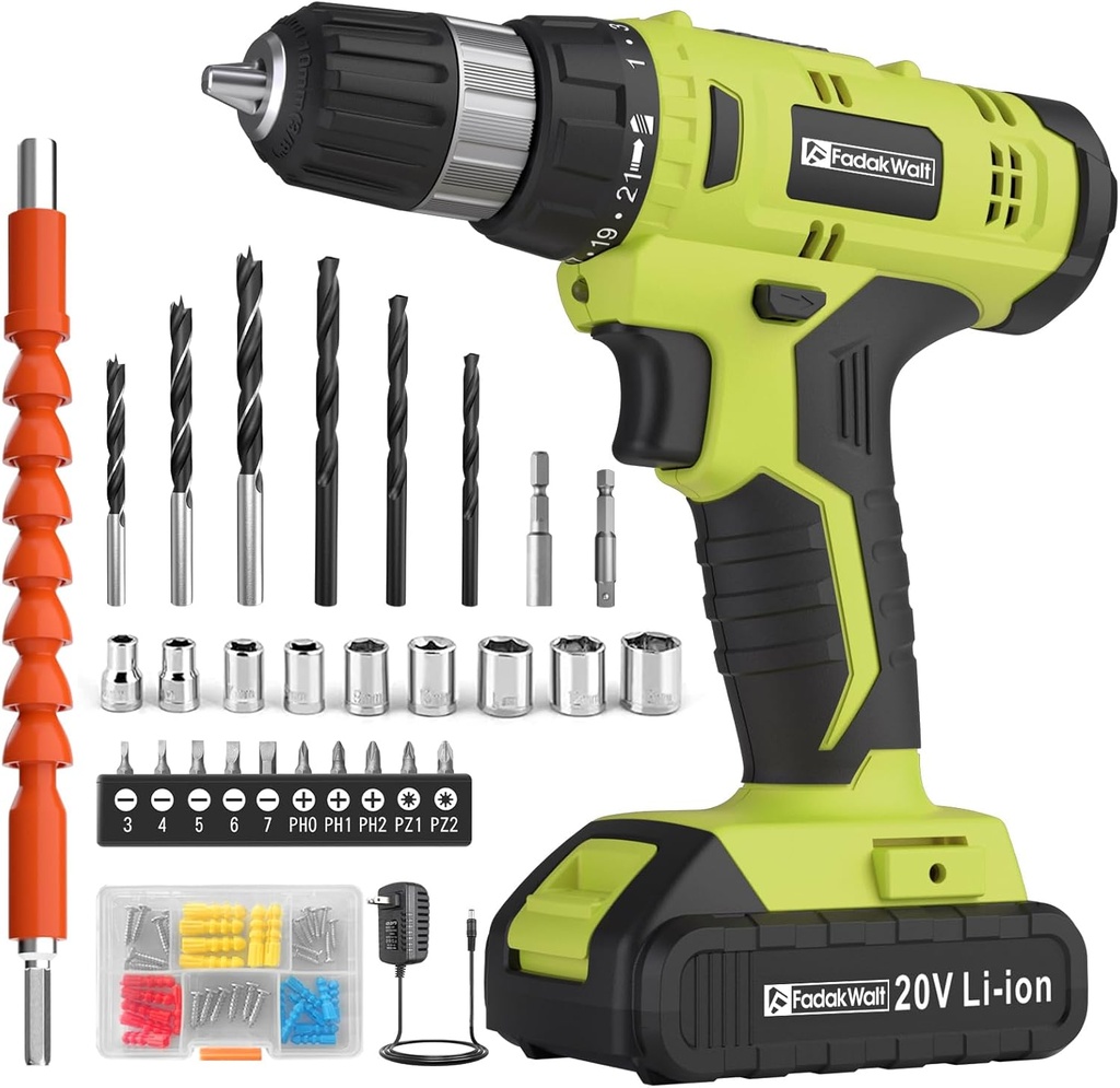 FADAKWALT Cordless Drill Set, 20V Electric Power Drill with Battery And Charger, Torque 30N, 21+1 Torque Setting, 3/8-Inch Keyless Chuck, Drill Driver Bits Kit, with LED Electric Drill Set. （green)