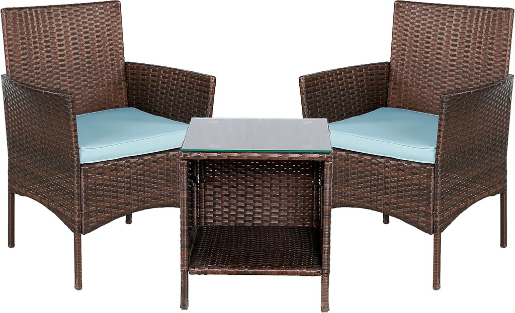 BTEXPERT Outdoor Wicker Patio Conversation 3 Piece Bistro Set Garden Yard Porch Furniture Space Saving Rattan Two Chairs Cushions Side Storage Tempered Glass Table Brown 3pc Set