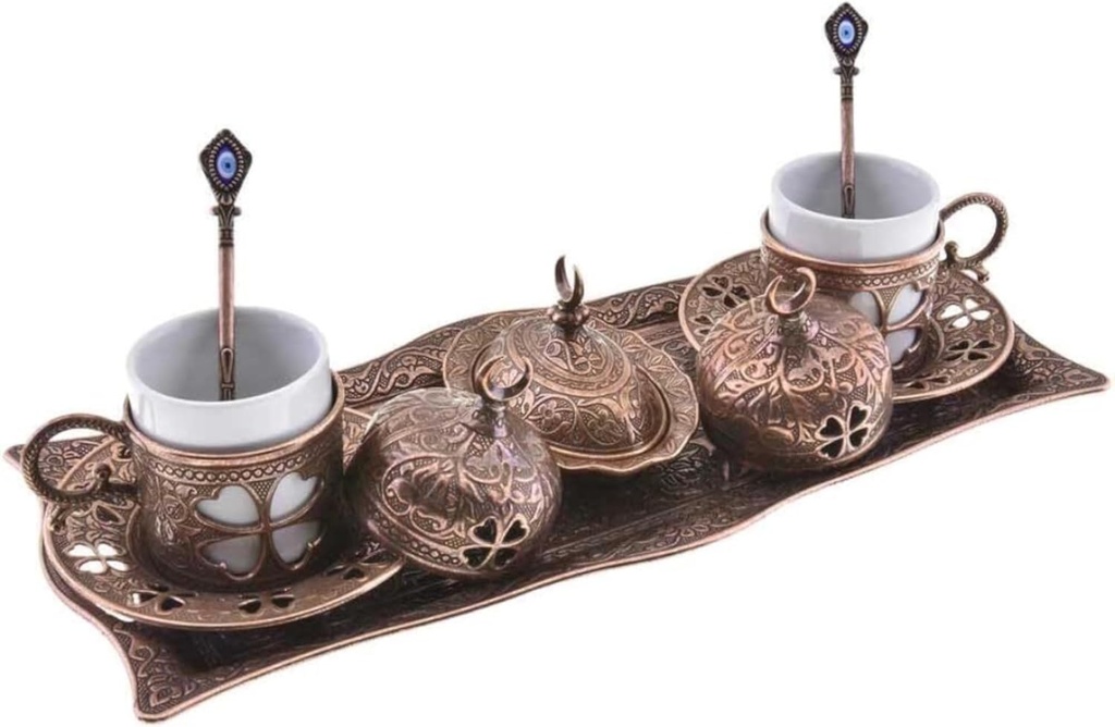 LaModaHome Turkish Coffee cup Set with Saucer, Lid, and Chocolate Bowl, Porcelain Arabic, Greek, Espresso Cups for Coffee Lovers - Bronze