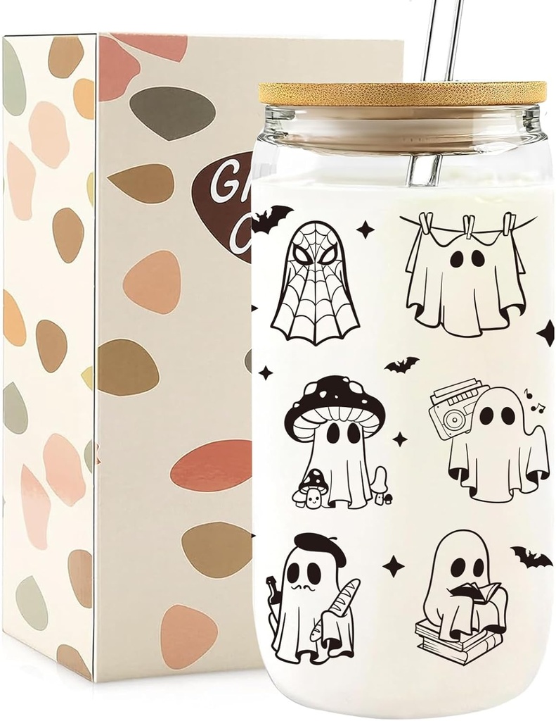 Halloween Gifts for Women, Halloween Cups Tumbler Glasses Drinking, Boo Basket Stuffers Stuff, Spooky Gifts, Ghost Decorations Decor Indoor, Cute Iced Coffee Cup, Black, 16 oz