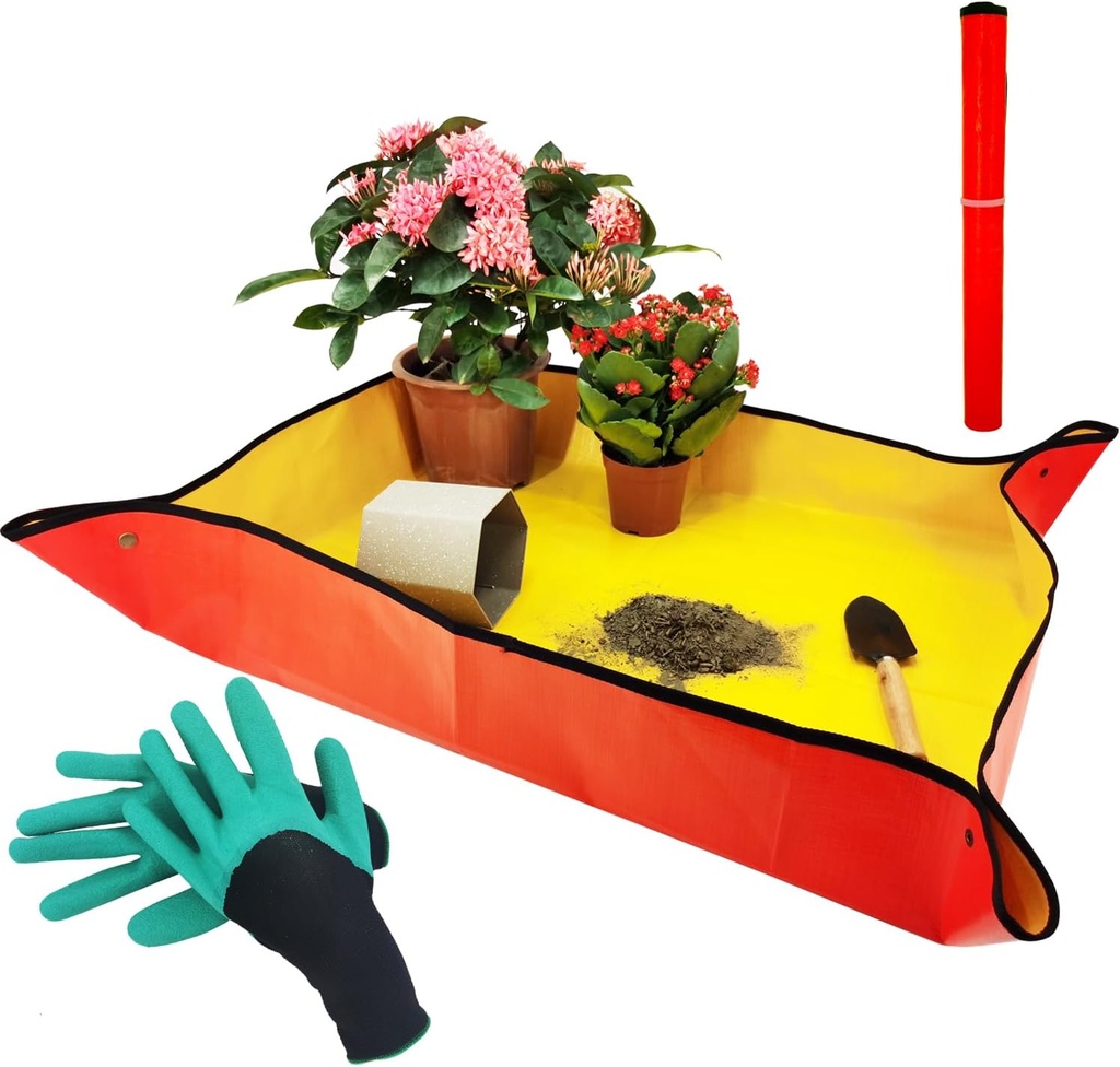 39" x 31" Thickened Repotting Mat for Plant Transplanting and Potting Soil Mess Control Waterproof Tray, Succulent Pots Portable Gardening Mat, Protect Nail Gloves, Best Gifts for Gardeners