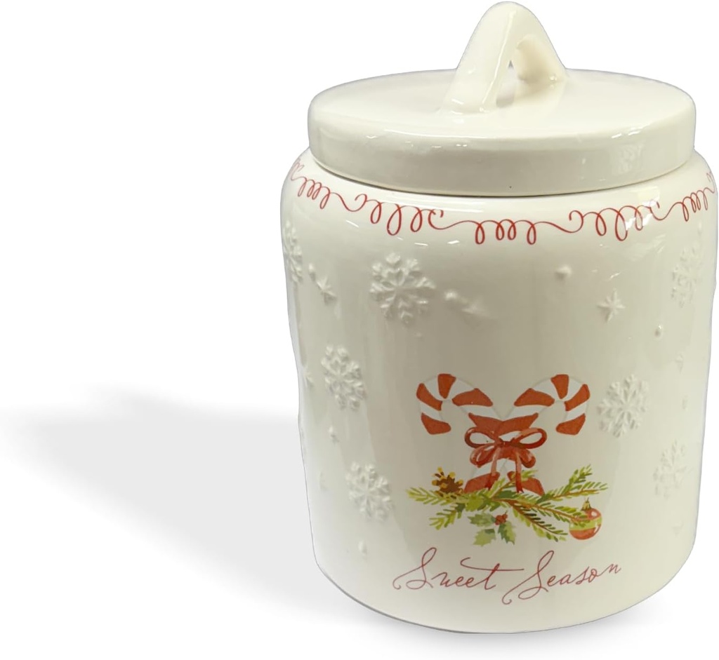 New Christmas Holiday Sweet Season Candy Cane with Pine Branch & Ornament Raised Snowflake Cookie Jar Canister Candy holder.