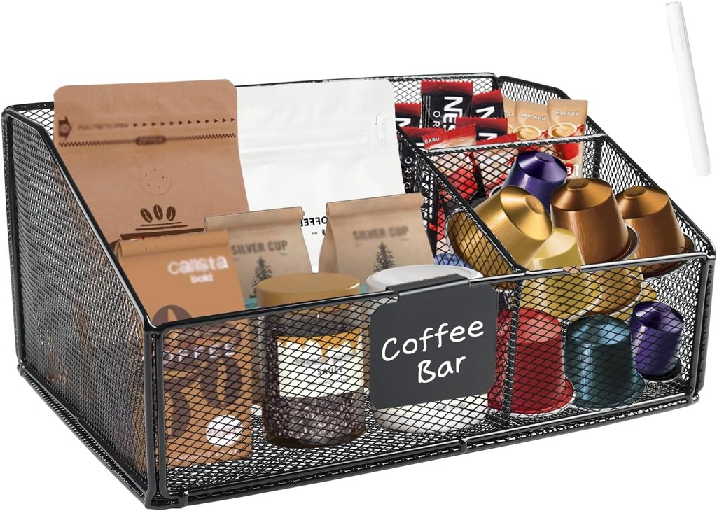 Coffee Bar Organizer,Coffee Pod Station,Metal 3 Compartments Countertop Accessories Organizer for Condiment Syrup Espresso Cup Stirrers,Tea Bag Holder,Farmhouse Coffees Bar Storage Box Decor