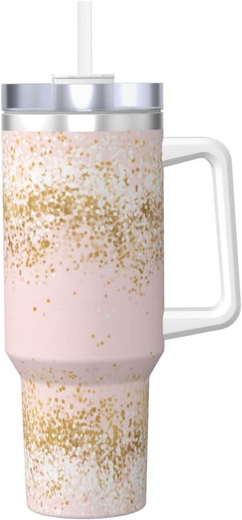 Blush Pink White Gold Confetti Sparkle 40 Oz Tumbler With Handle And Straw Lid, Insulated Reusable Stainless Steel Travel Mug Iced Tea Or Coffee, Smoothie And More