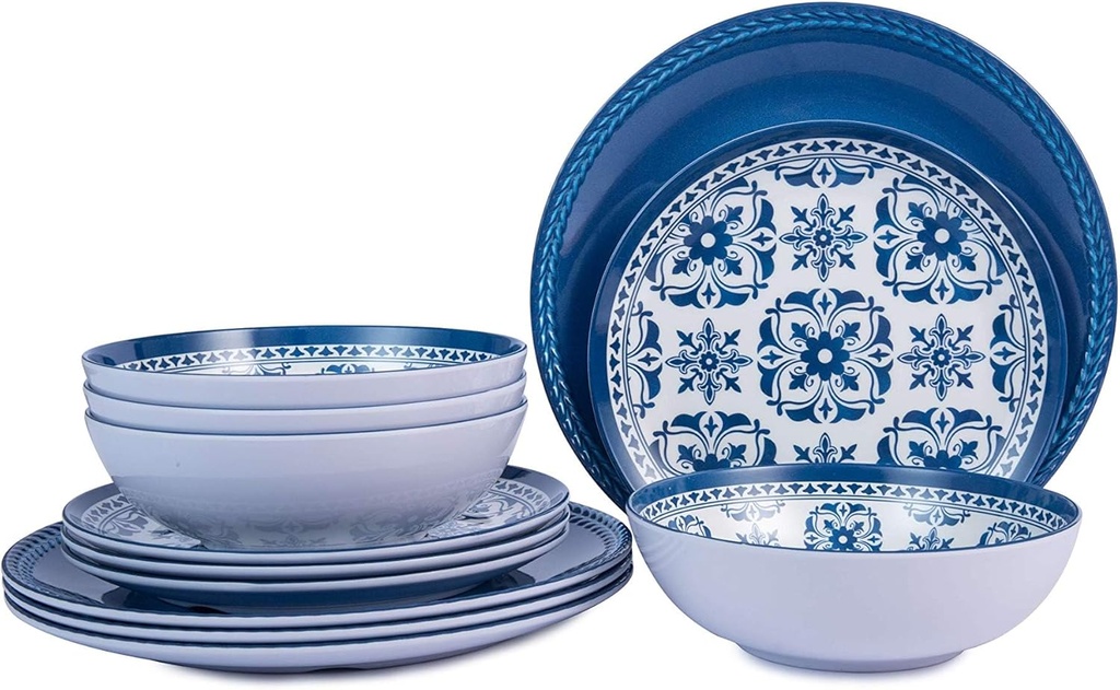 Melamine Dinnerware Set -12pcs Outdoor and Indoor Plates and Bowls Set ,Service for 4, Dishwasher Safe, Blue Flower