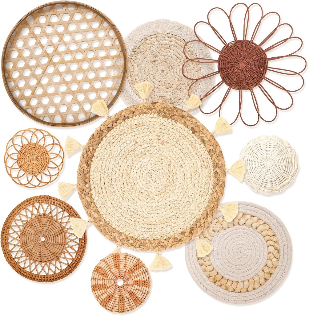 [BRSRACQCBYMBAF3O] 9 Pcs Boho Wall Basket Decor Handmade Woven Wicker Basket Wall Decor Round Farmhouse Hanging Wall Art for Rustic Home Living Room Kitchen Bedroom(Serene)