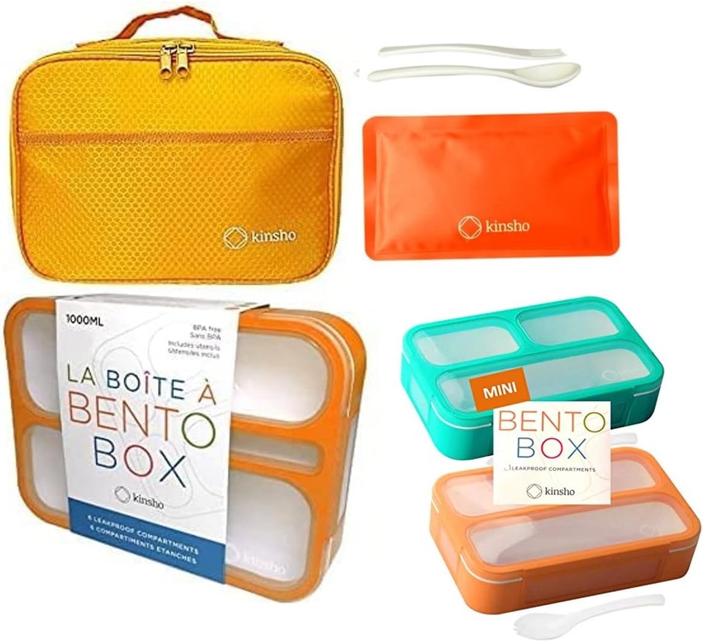 kinsho Bundle of 2 MINI Lunch-Box Snack Containers for Kids (Blue + Orange) + Bento-Box with Bag and Ice Pack (Orange)
