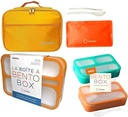 kinsho Bundle of 2 MINI Lunch-Box Snack Containers for Kids (Blue + Orange) + Bento-Box with Bag and Ice Pack (Orange)