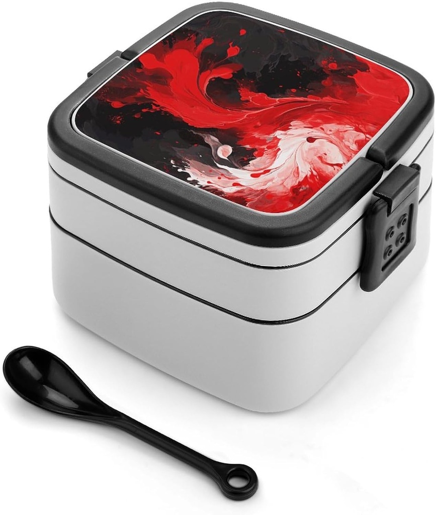 Red Black White Abstract Bento Box with Spoon, 2-layer Stackable Lunch Box Leak Proof with Invisible Handle, Insulated Food Storage for Office, Picnic & Travel