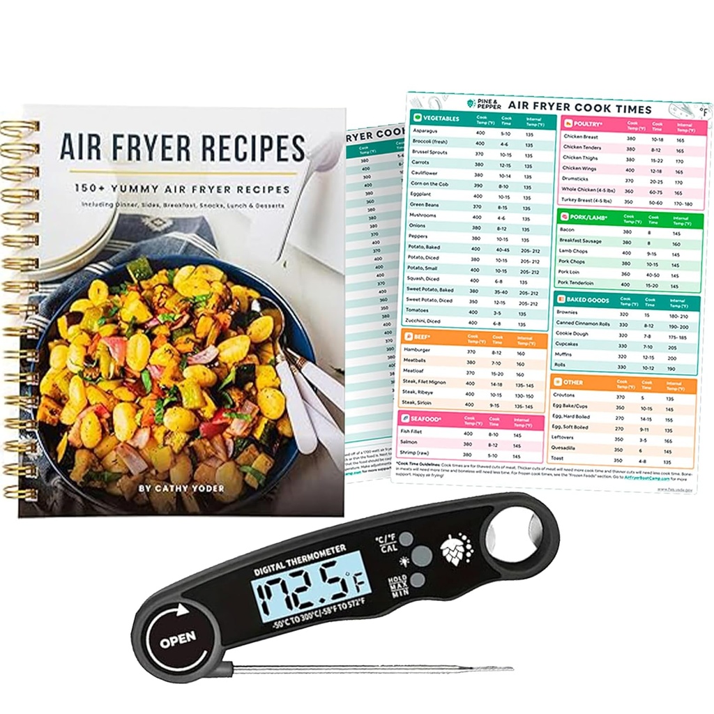 Cathy Yoder's Pine & Pepper Air Fryer Bundle: Instant Read Thermometer, Magnetic Temperature Cheat Sheet, and Easy Air Fryer Recipe Book with 150+ Recipes
