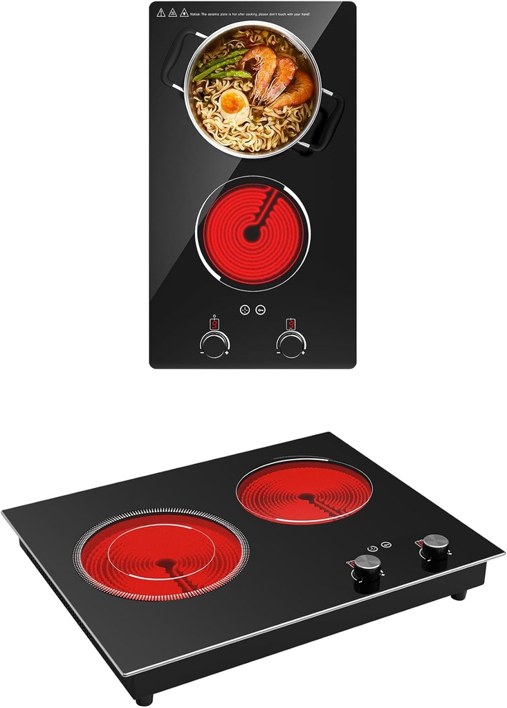 Double Electric Cooktop,110V 2100W Electric Stove Top with Knob Control & Double Electric Cooktop,3000W Built-in & Countertop Electric Burner