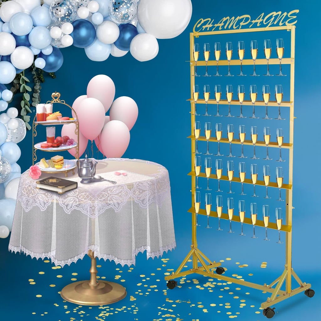 Champagne Wall Holder for Party, Rolling Champagne Tower Stand with Removable Sign, 5-Tier Champagne Flute Holder Hold 40 Glasses, Metal Wine Glass Stand for Party, Wedding, Christmas