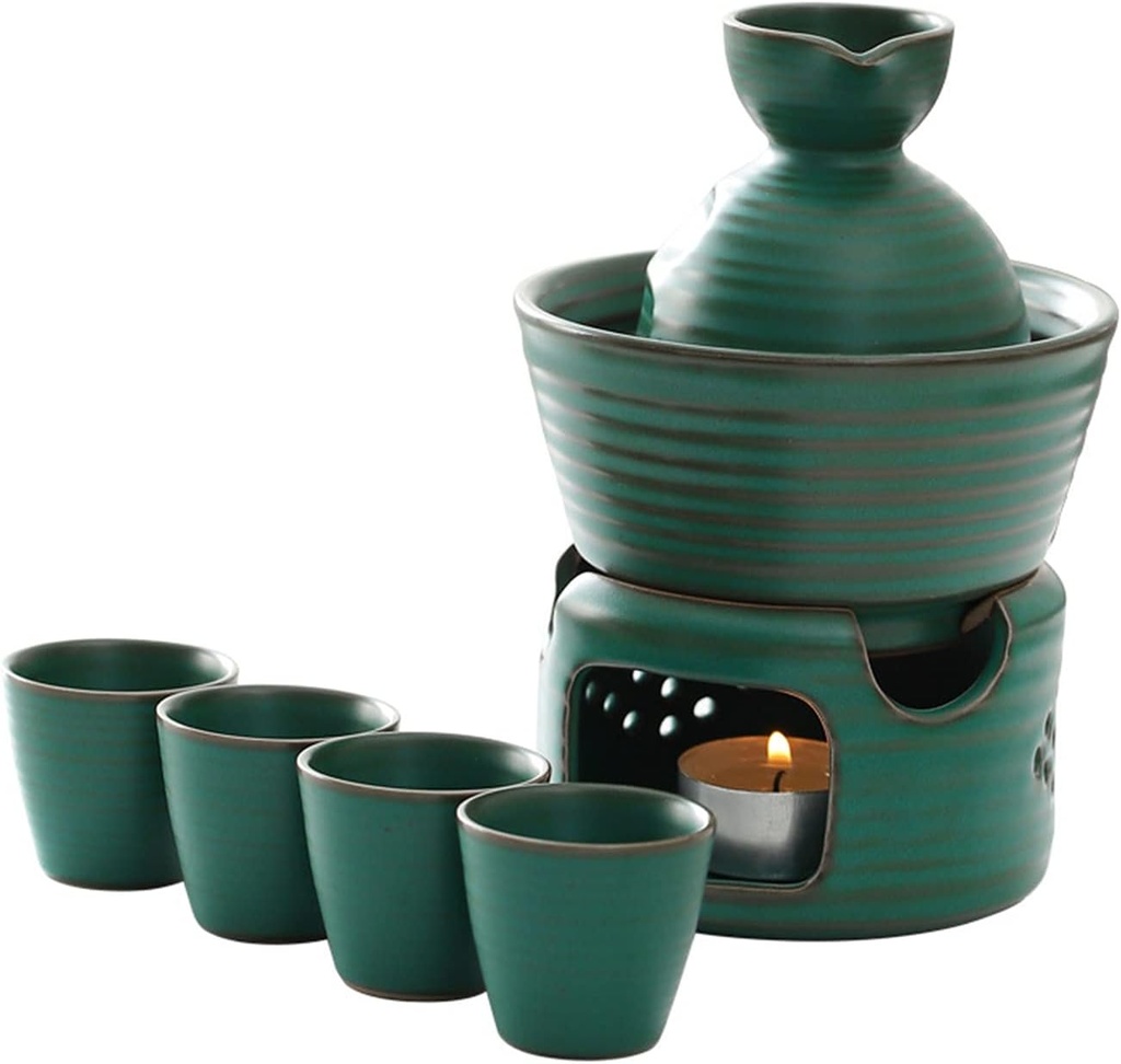 7 Pieces Japanese Sake Set with Warmer Pot and Candle Stove, Ceramic Malachite Green Glaze Wine Glasses Set for Cold Sake, Warm Sake, Shochu and Tea